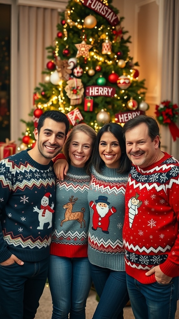 Creative Christmas Card Ideas for Families of 4 A cheerful family of four in matching Christmas sweaters posing in front of a decorated tree for a holiday card.